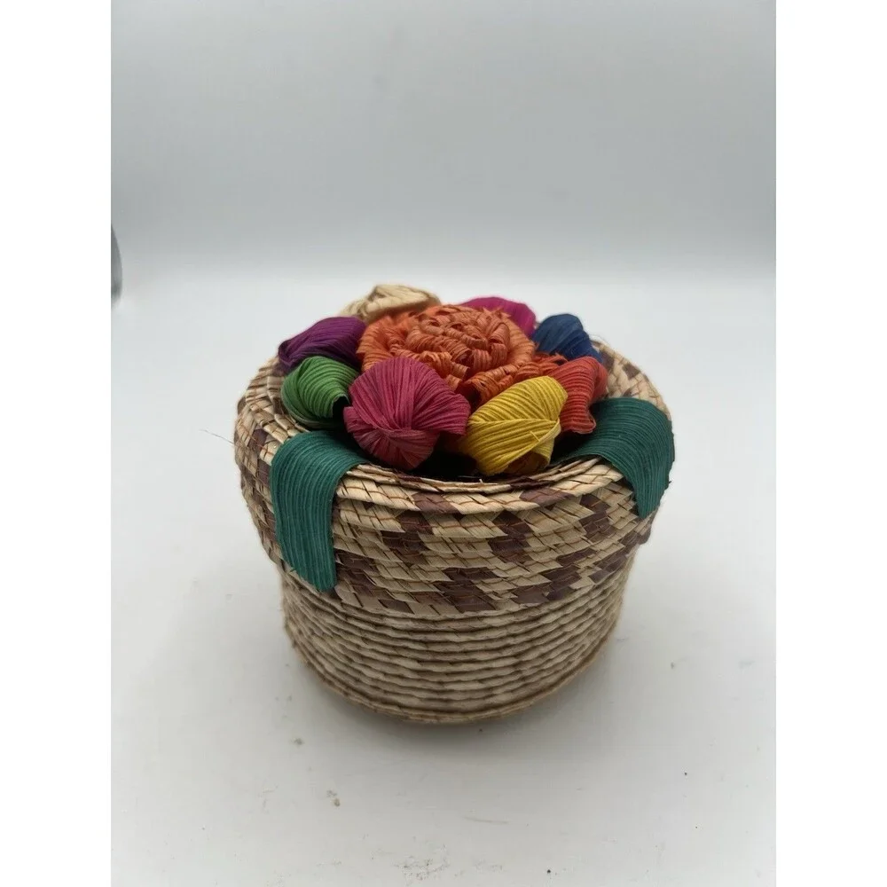 Mexican Tenate Woven Basket Trinket Box Raffia Flower Lid 4.5” Folk Art
